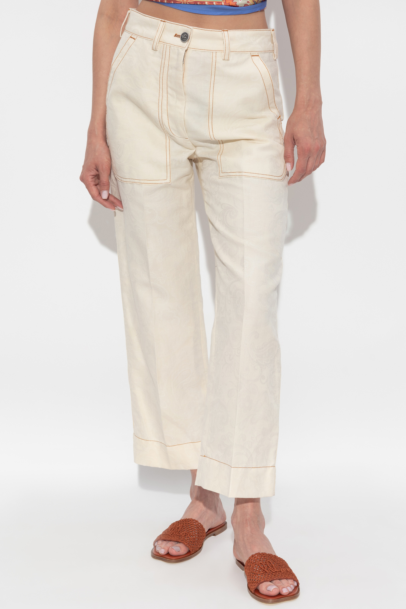 ボトムスその他 ETRO Flared trousers in ivory viscose ETRO Wide leg trousers in light yellow/ blue gray/ fuchsia